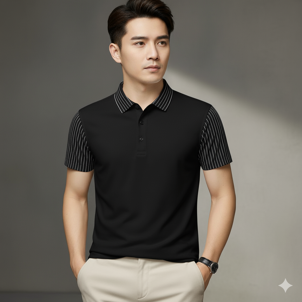 Short Sleeve Contrast Striped Collar Golf Polo