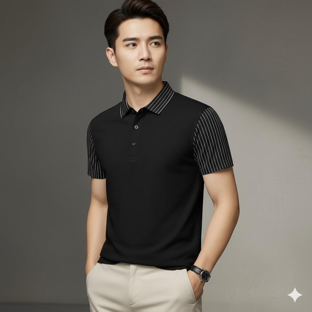 Short Sleeve Contrast Striped Collar Golf Polo