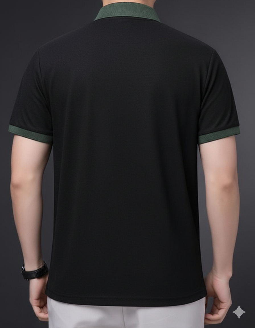 Classic Black Polo T-shirt with Contrast Green Accents