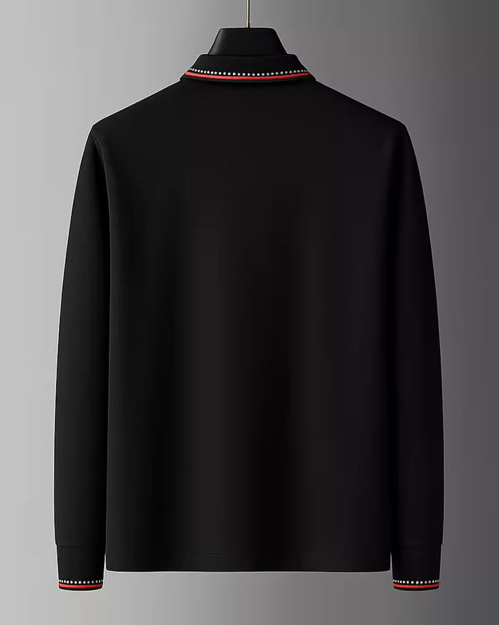 Men’s Elegant Black Full-Sleeve Polo T-Shirt with Contrast Collar
