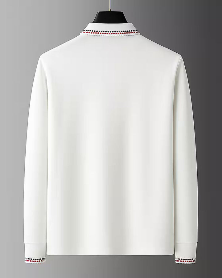 Men’s Elegant White Full-Sleeve Polo T-Shirt with Contrast Collar