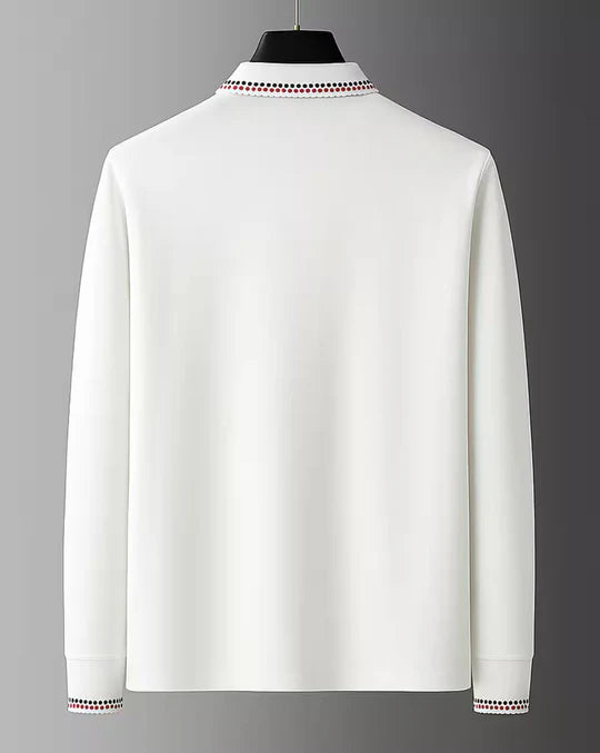 Men’s Elegant Beige Full-Sleeve Polo T-Shirt with Contrast Collar