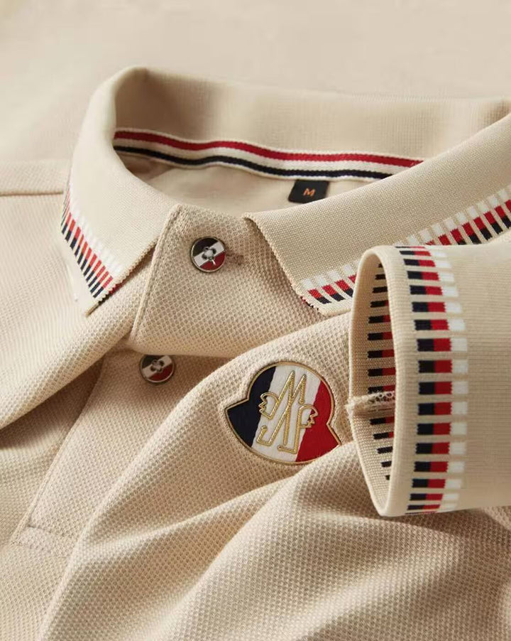 Men’s Elegant Beige Full-Sleeve Polo T-Shirt with Contrast Collar