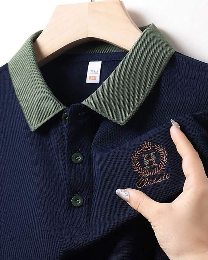 Classic Blue Polo Tee with Contrast Green Accents