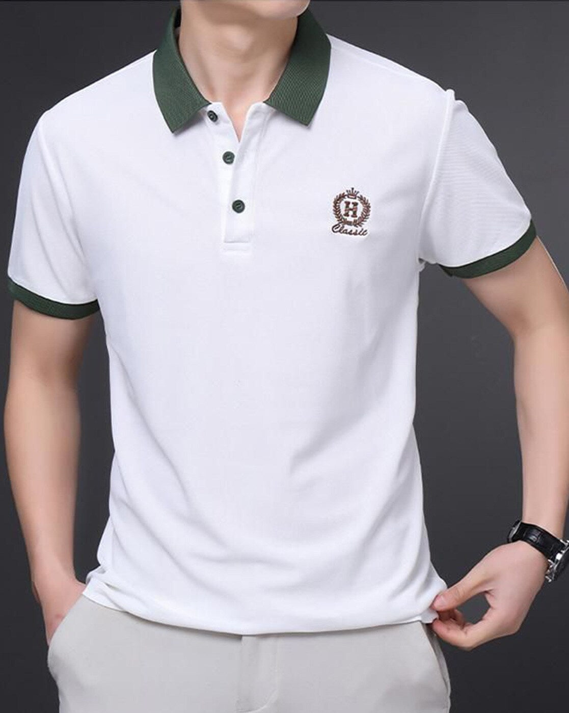 Classic White Polo Tee with Contrast Green Accents
