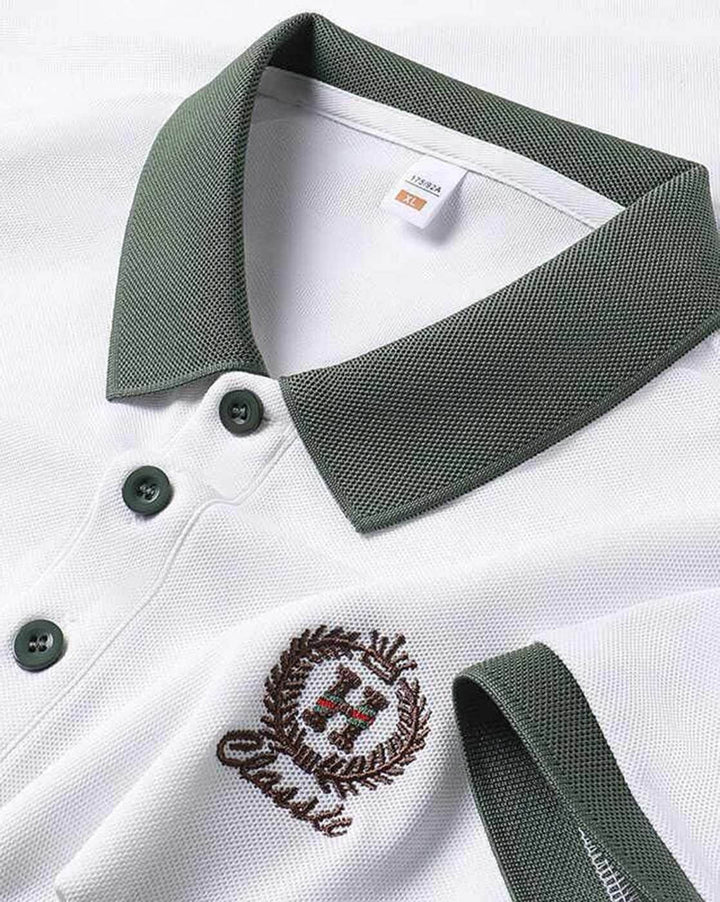 Classic White Polo Tee with Contrast Green Accents