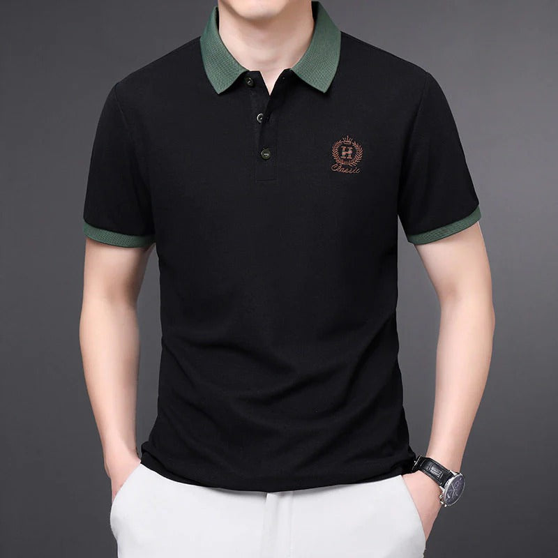 Classic Black Polo T-shirt with Contrast Green Accents