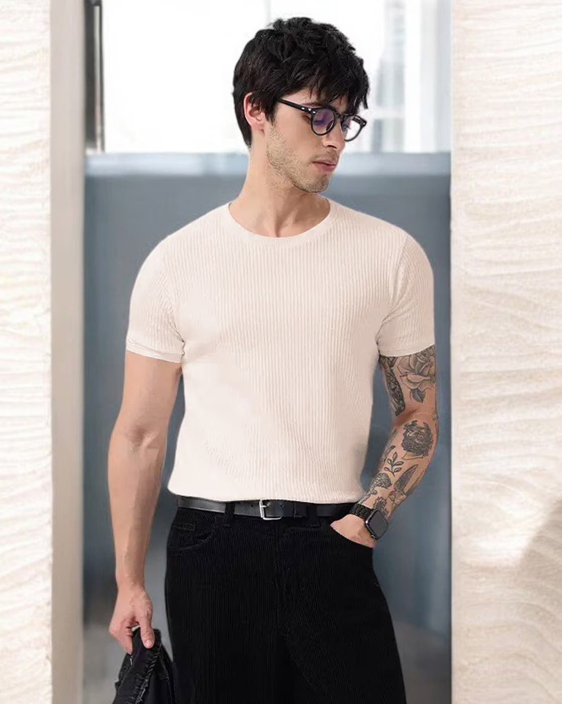 Classic Beige Ribbed Knit T-Shirt for a Modern Casual Look