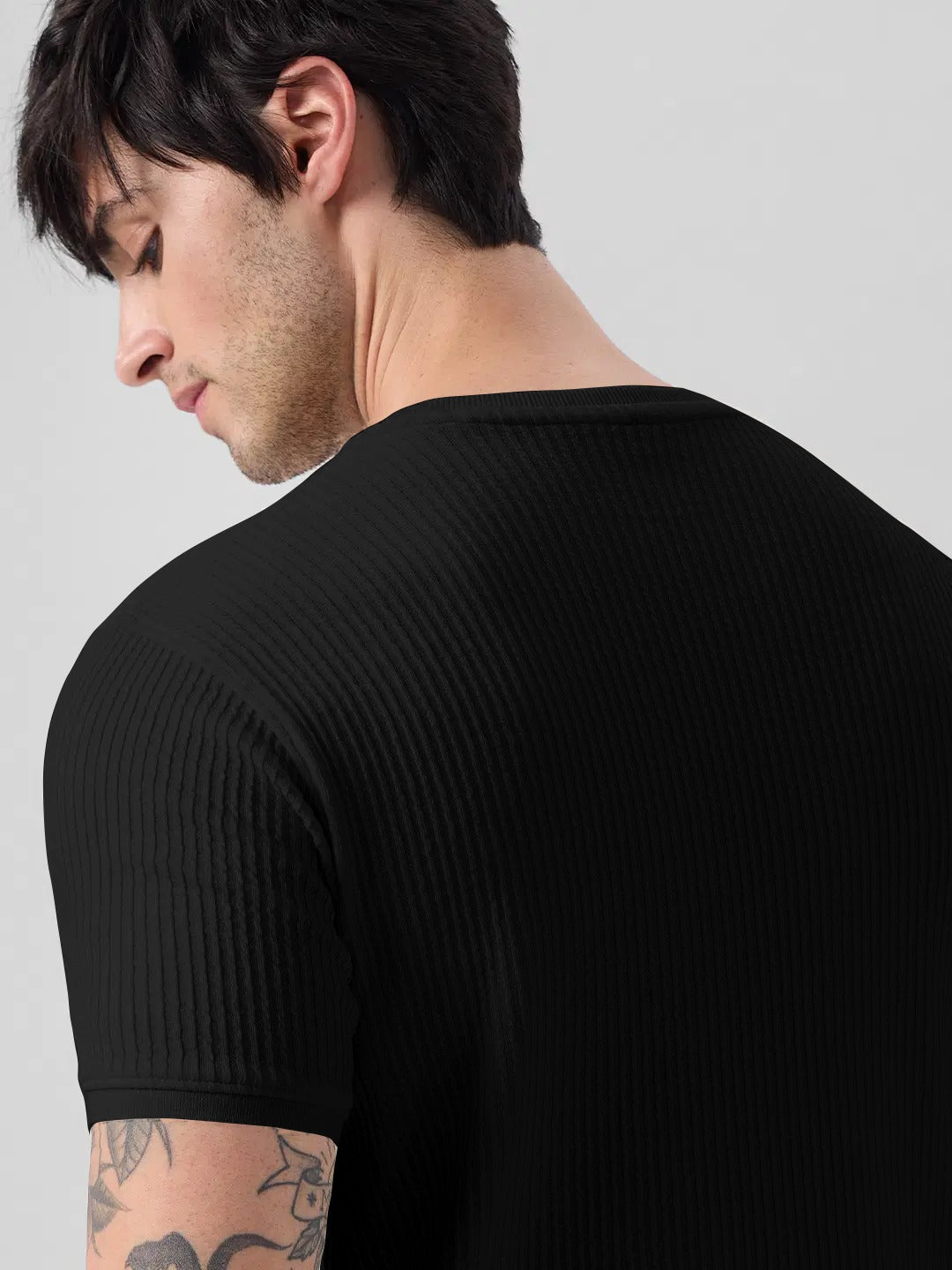 Classic Black Ribbed Knit T-Shirt for a Modern Casual Look
