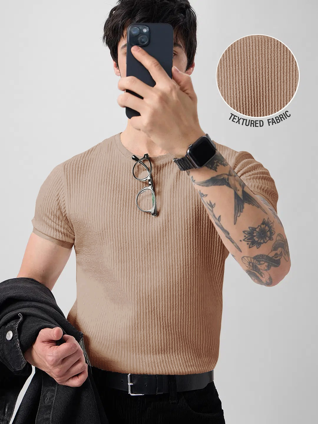 Classic Brown Ribbed Knit T-Shirt for a Modern Casual Look