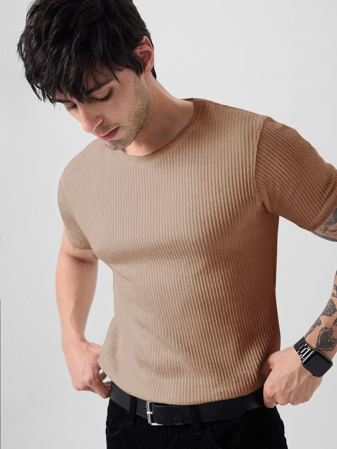 Classic Brown Ribbed Knit T-Shirt for a Modern Casual Look