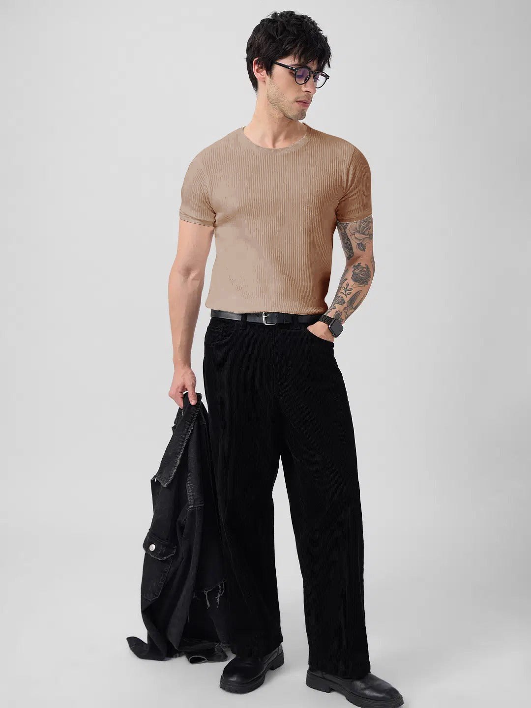 Classic Brown Ribbed Knit T-Shirt for a Modern Casual Look