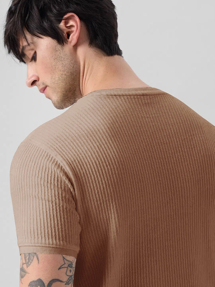 Classic Brown Ribbed Knit T-Shirt for a Modern Casual Look