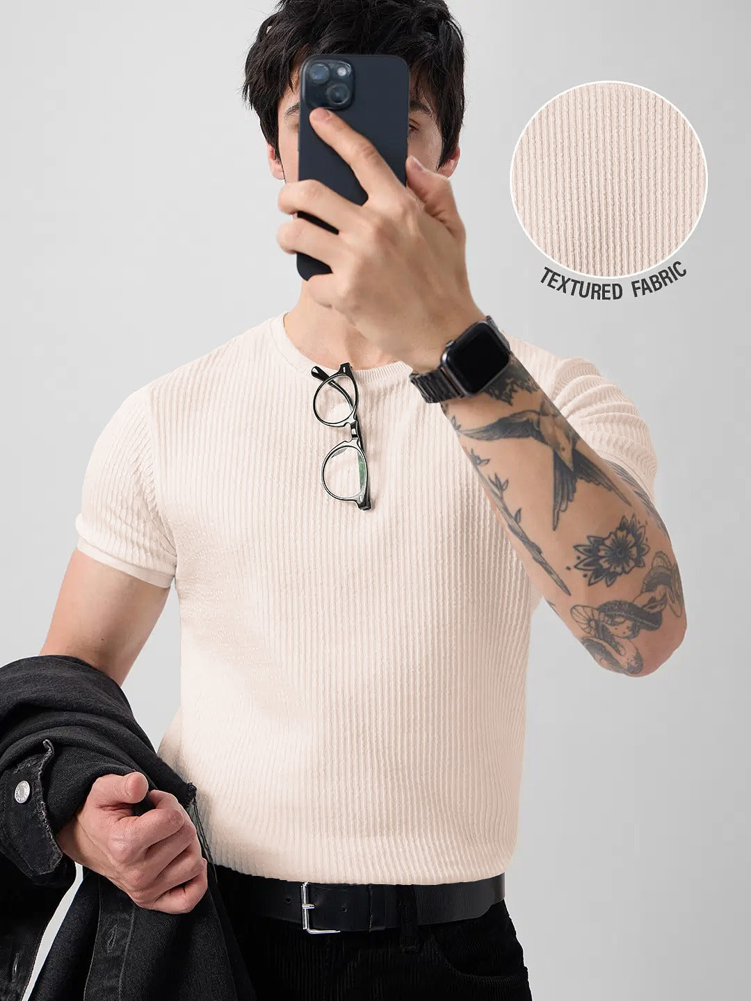 Classic Beige Ribbed Knit T-Shirt for a Modern Casual Look