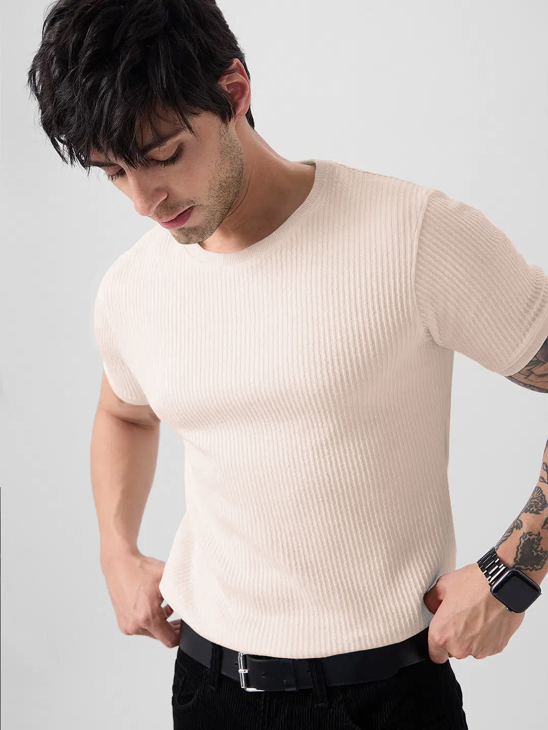 Classic Beige Ribbed Knit T-Shirt for a Modern Casual Look