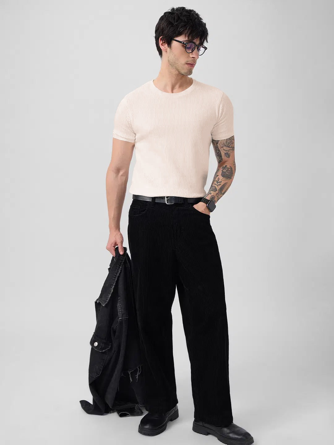 Classic Beige Ribbed Knit T-Shirt for a Modern Casual Look