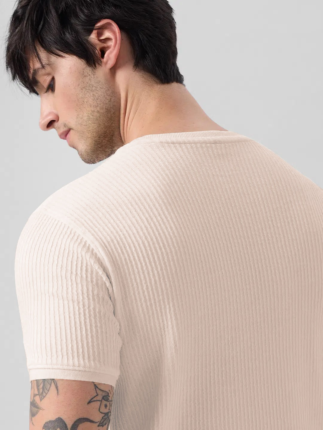 Classic Beige Ribbed Knit T-Shirt for a Modern Casual Look