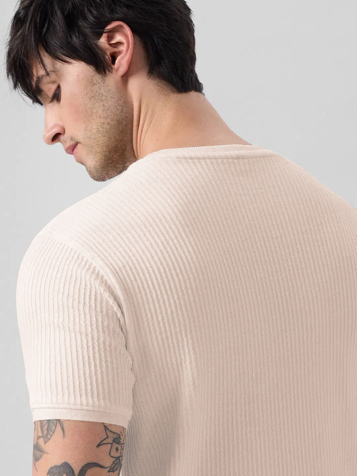 Classic Beige Ribbed Knit T-Shirt for a Modern Casual Look