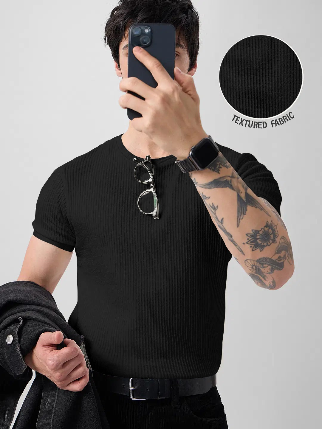 Classic Black Ribbed Knit T-Shirt for a Modern Casual Look