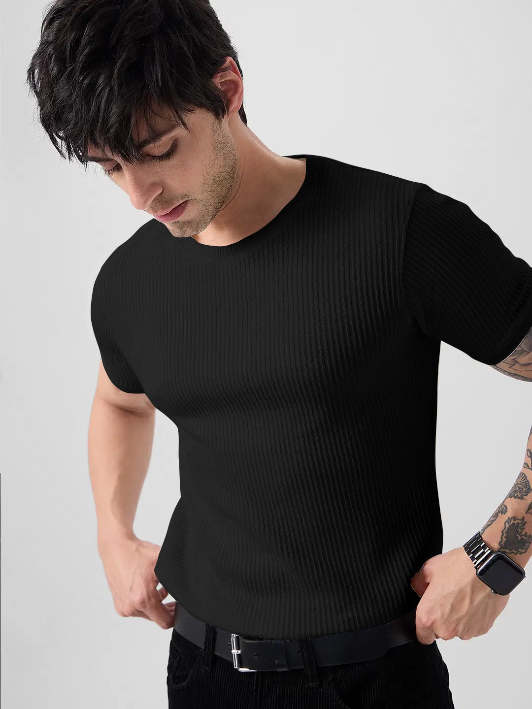 Classic Black Ribbed Knit T-Shirt for a Modern Casual Look