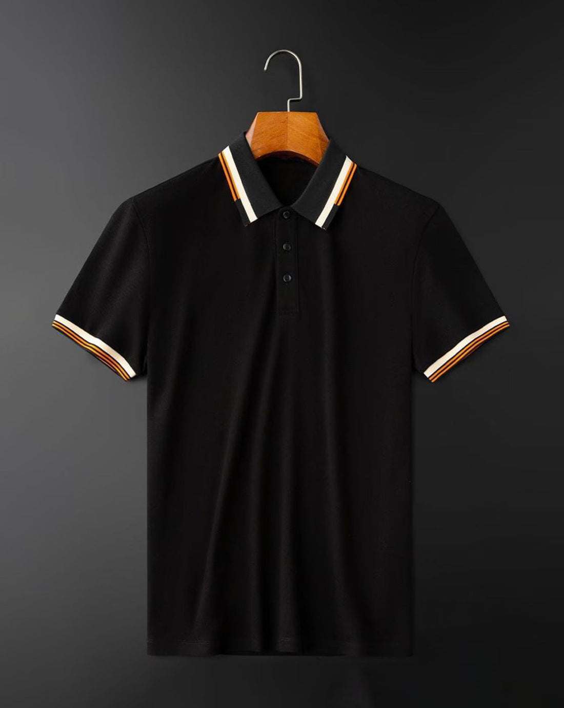 Premium Black Polo T-Shirt with Stylish Tricolor Accents