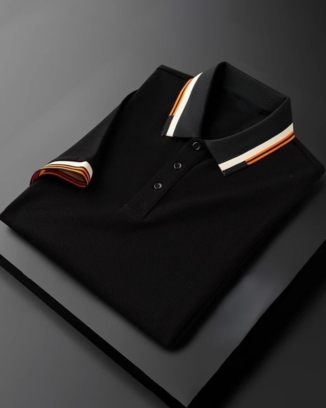 Premium Black Polo T-Shirt with Stylish Tricolor Accents