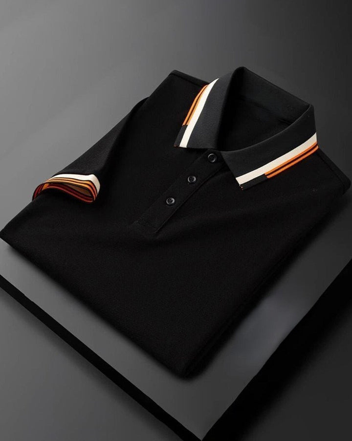 Premium Black Polo T-Shirt with Stylish Tricolor Accents