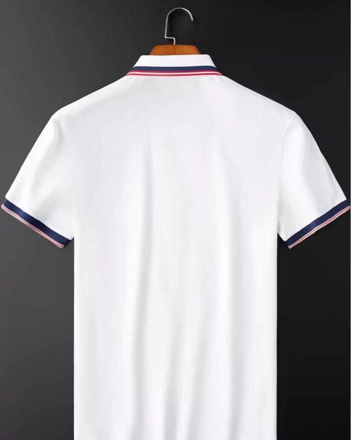 Premium White Polo T-Shirt with Stylish Tricolor Accents