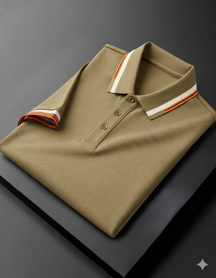 Premium Beige Polo T-Shirt with Stylish Tricolor Accents