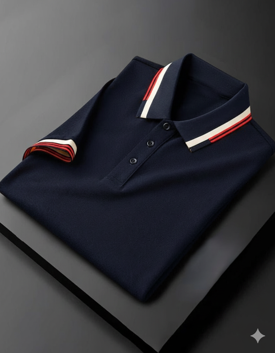 Premium Blue Polo T-Shirt with Stylish Tricolor Accents