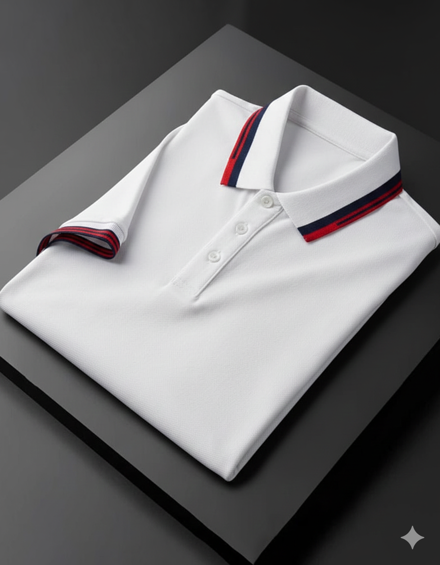 Premium White Polo T-Shirt with Stylish Tricolor Accents