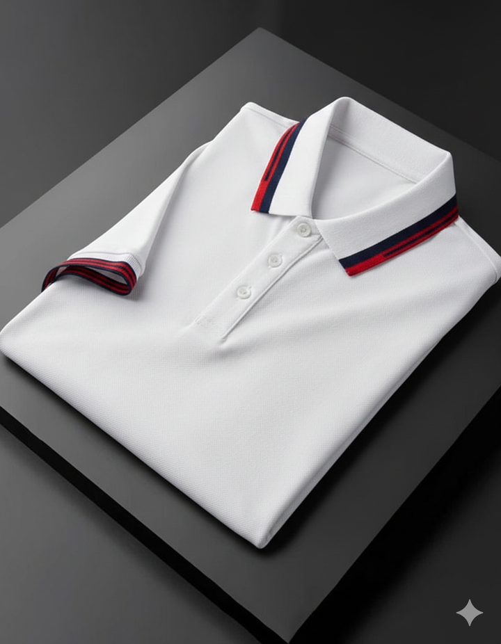 Premium White Polo T-Shirt with Stylish Tricolor Accents
